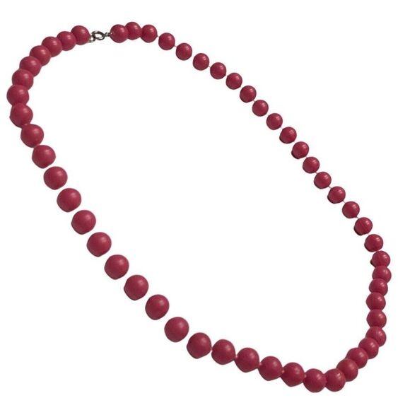 Vintage Pink Fuchsia Faux Pearl Acrylic Beaded Chain Summer Necklace 24in - Picture 3 of 7